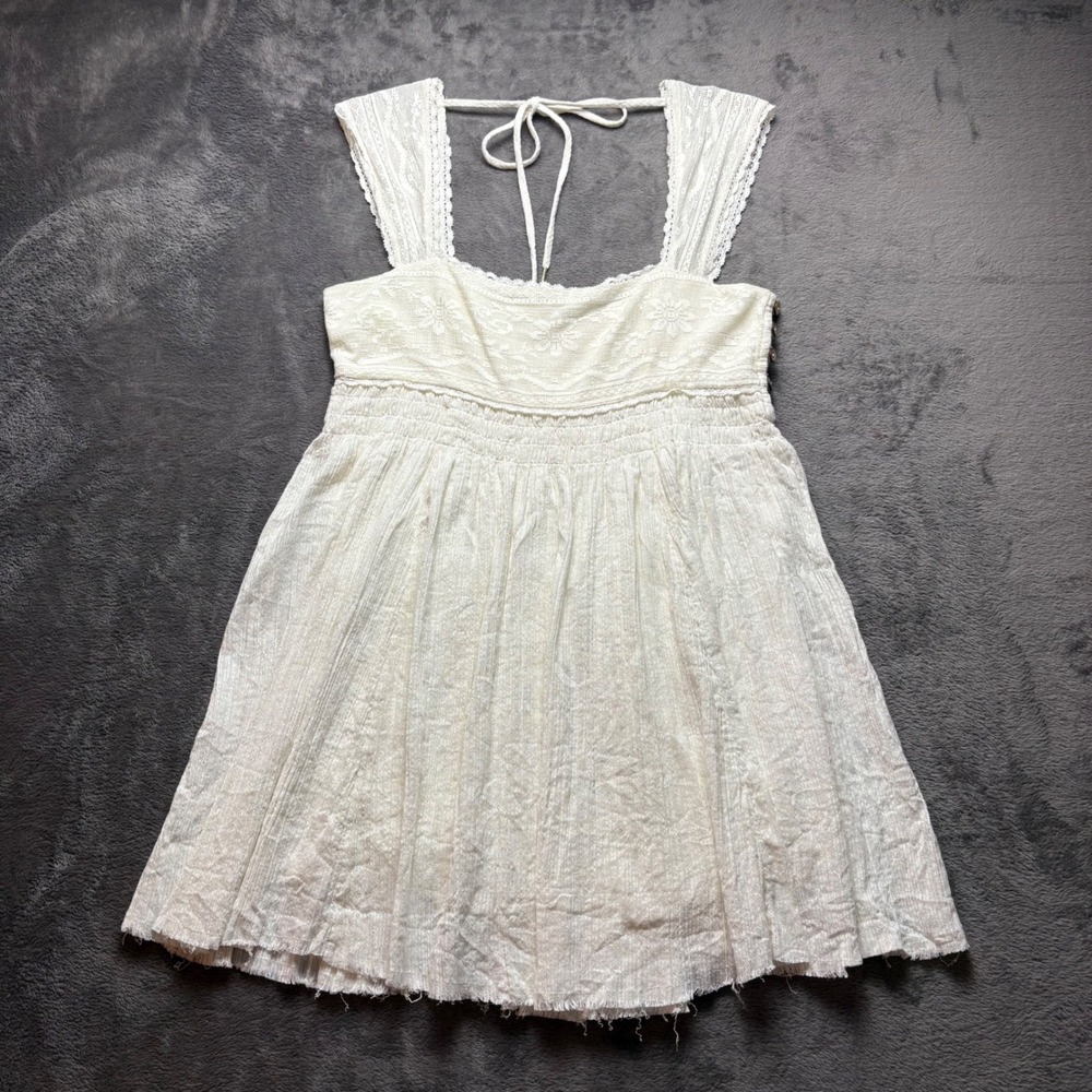 Free People Dress Womens L Large White Lace Smocked Side Button Boho Hippie